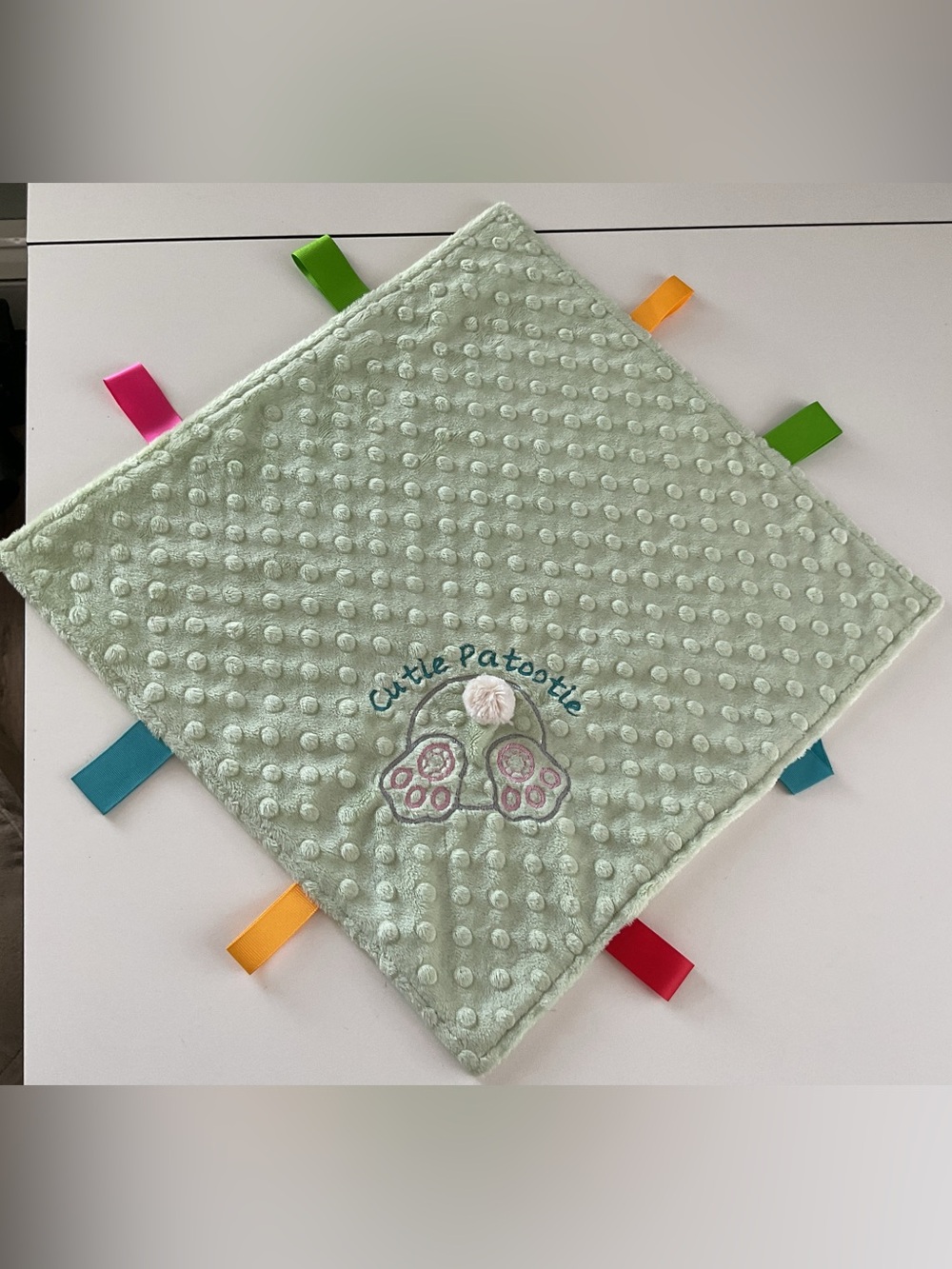 Light Green Cuddle Tag Blanket for Kids with Colorful Ribbons - Handmade